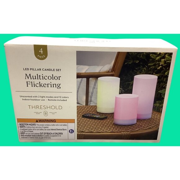 Threshold LED Pillar Candle Set Multicolor Flickering 4-Piece W/ Remote & Timer - Picture 1 of 5